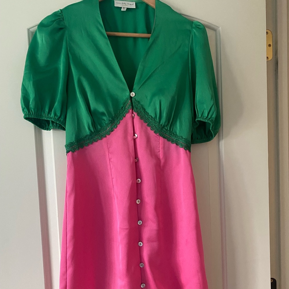 Never fully dressed green and pink button dress